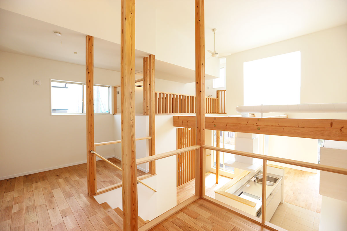 開放的な2階リビング。モダンデザインの白い家